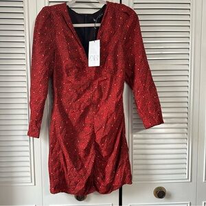 NWT Zara Dot Printed Ruched Deep V- Neck Long Sleeve Mini Dress Red